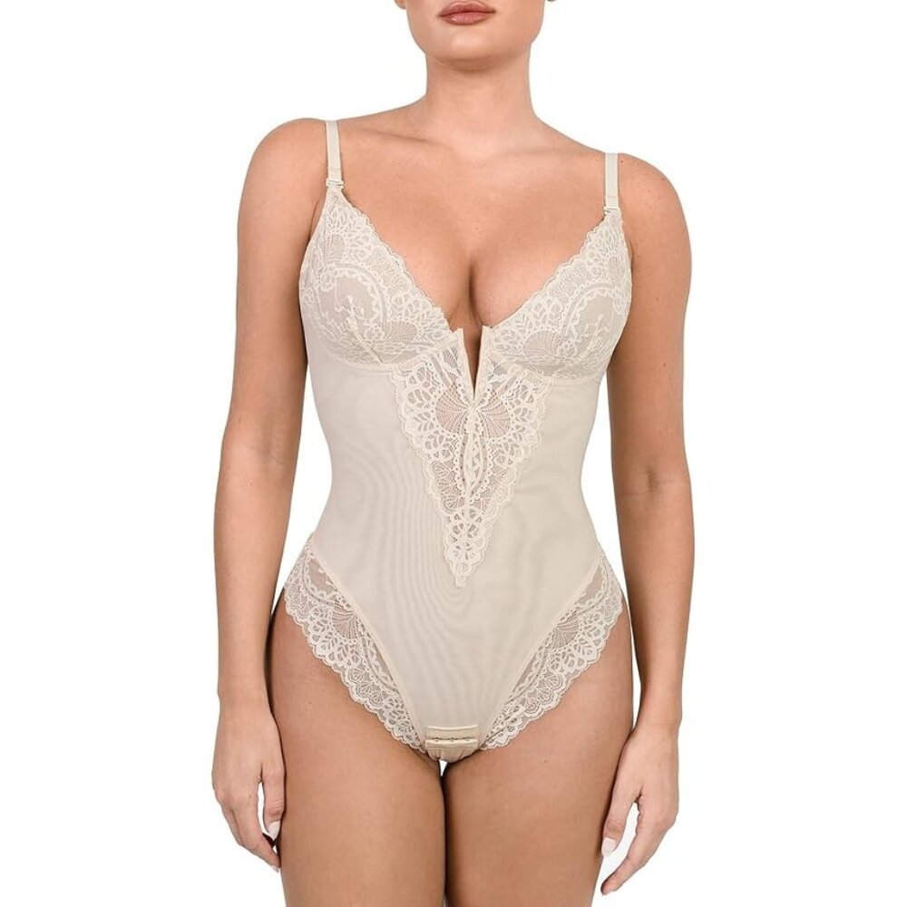 Popilush Lace Shapewear Bodysuit Thong Tummy Control Backless Cream 3XL NWT